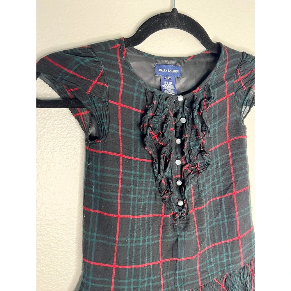 Ralph Lauren Girls Plaid Ruffle Dress Green Red Navy Blue 4T Drop Waist Holiday